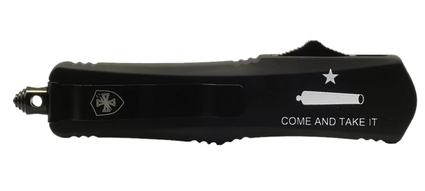 Templar Knife LCATII531 Gen II Come And Take It Small 2.69" OTF Tanto Part Serrated Black Oxide 440C SS Blade, 4.31" Black "Come And Take It" w/Cannon Aluminum Handle, Glass Breaker