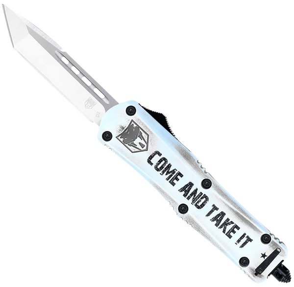 CobraTec Knives SCATIFS3TNS FS-3 Come And Take It Small 3" OTF Tanto Plain Satin D2 Steel Blade, 4.50" White "Come And Take It" Aluminum Cerakoted Handle
