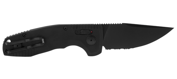 S.O.G SOG-15-38-08 SOG-TAC Auto Compact 2.94" Folding Straight Back Part Serrated Black TiNi Cryo D2 Steel Blade Black Micro-Textured Anodized Aluminum Handle Includes Pocket Clip