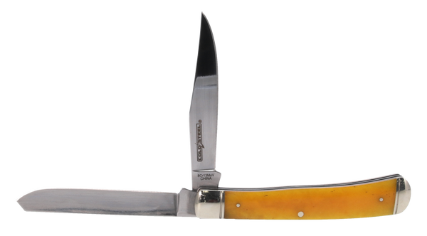 Cold Steel CSFLTRPRY Trapper  3" Folding Clip/Spey Plain 8Cr13MoV SS Blade/Yellow w/Polished Bolsters Bone Handle