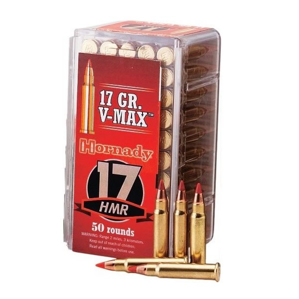 This is Hornady ammunition, 17 HMR 17 Grain V-Max, it has 50 rounds per box, manufactured by Hornady.