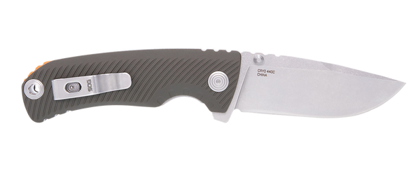 S.O.G SOG11060143 Tellus ATK  3.50" Folding Clip Point Plain Stonewashed Cryo 440C SS Blade/ Olive Drab w/Orange Backspacer GRN Handle Includes Belt Clip