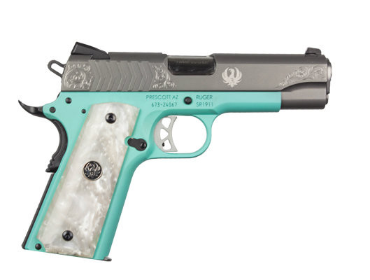 This is a Ruger������������������������������������������������������ SR1911������������������������������������������������������ Lightweight Commander 9mm.   This special edition comes with a Robin's Egg Blue Cerakote Frame and a beautiful scroll engraving on the slide.