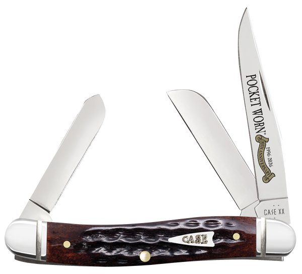Case 55232 Pocket Worn Stockman Medium Folding Clip Point/Pen/Sheepsfoot Plain Tru-Sharp SS Blade, Mahogany Corn Cob Jigged Bone Handle