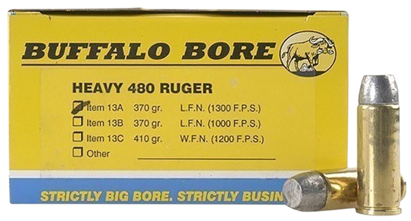 Buffalo Bore Ammunition 13A20 Heavy Strictly Business 480Ruger 370gr Lead Flat Nose 20 Per Box/12 Case