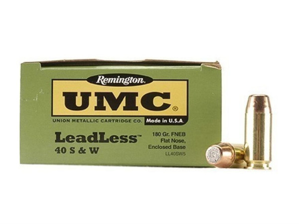Remington UMC LeadLeass 40s&w 180 Grain Brass FLEB(Flat Nose Enclosed Base), has 50 rounds per box, manufactured by Remington.