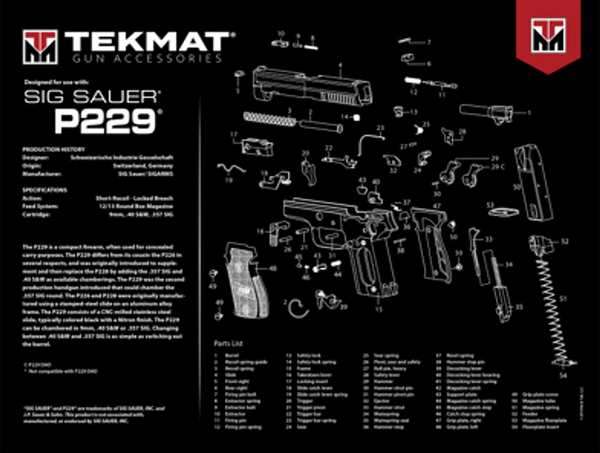 TekMat TEKR20SIGP229 Sig Sauer P229 Ultra 20 Cleaning Mat Multi-Color Rubber 15"x20" Sig P229 Parts Diagram