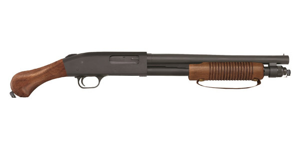 Mossberg Shockwave chambered in 12 gauge. This is a Talo special edition known as the Night Stick. Comes with a walnut pistol grip and a walnut corn cob forend pump with leather strap