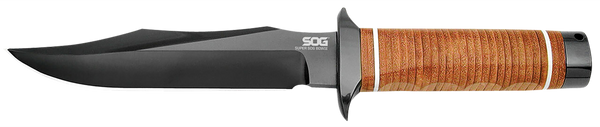 S.O.G SOGSB1TL Super SOG  7.50" Fixed Bowie Plain Black Hardcased TiCN AUS-8A SS Blade Brown Stacked Leather Washers w/Cross Guard Handle Includes Sheath