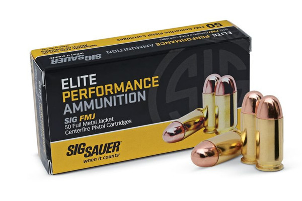 This is box of Sig Sauer  Elite Performance Ammunition 9mm 115 Grain Brass FMJ, has 50 rounds per box.