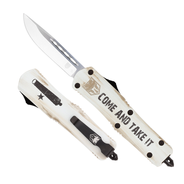 CobraTec Knives MCATIFS3DNS FS-3 Come And Take It 3" OTF Drop Point Plain 154CM SS Blade White w/"Come And Take It" Aluminum Cerakoted Handle Features Glass Breaker Includes Pocket Clip