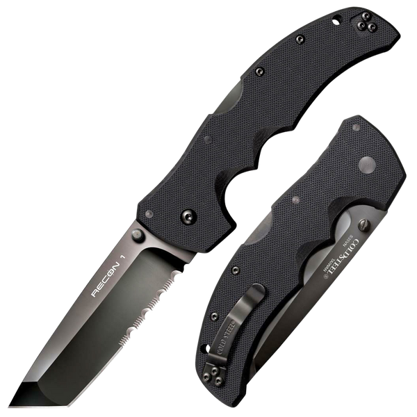 Cold Steel CS27BTH Recon 1 4" Folding Part Serrated DLC Coated American S35VN Blade/ 5.38" Black Textured G10 Handle Includes Belt Clip