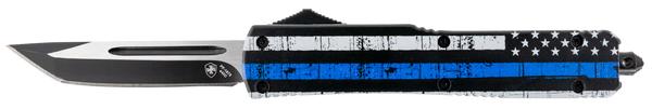 Templar Knife MBTB231 Gen II Back The Blue Slim 3.43" OTF Tanto Plain Black Oxide Stonewashed 440C SS Blade, 5.05" 4.31" Black & White w/Blue Line Aluminum Handle, Glass Breaker
