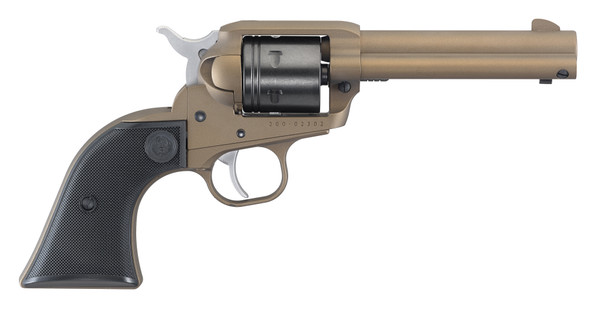 This is a Ruger Wrangler chambered in .22 L.R. (long rifle) with a bronze cerakote finish.
