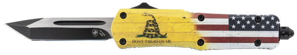 Templar Knife S-DTOM-23-1 Gen II Don't Tread On Me Small 2.69" OTF Plain Black Oxide 440C SS Blade, 4.25" Yellow w/Flag & "Don't Tread On Me" Aluminum Handle, Glass Breaker