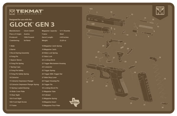 TekMat TEKR17GLOCKG3FDE Glock Gen 3 Cleaning Mat Flat Dark Earth Rubber 11"x17" Glock Gen 3 Parts Diagram