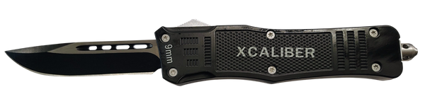 Xcaliber Knife Company  9mm  Large 3.80" OTF Drop Point Black 440C SS Blade, 5.30" Steel Handle