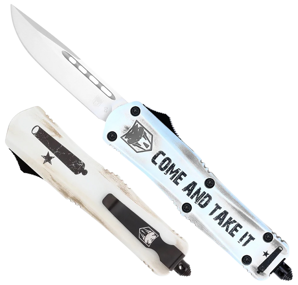 CobraTec Knives SCATIFS3DNS FS-3 Come And Take It Small 3" OTF Drop Point Plain D2 Steel Blade 4.50" White "Come And Take It" Aluminum Cerakoted Handle Includes Glass Breaker/Pocket Clip
