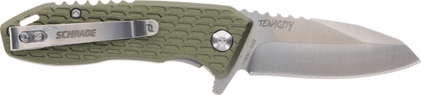 Schrade 1159317 Tenacity  Folding Modified Drop Point Part Serrated Satin AUS-10A SS Blade, Green Aluminum Handle