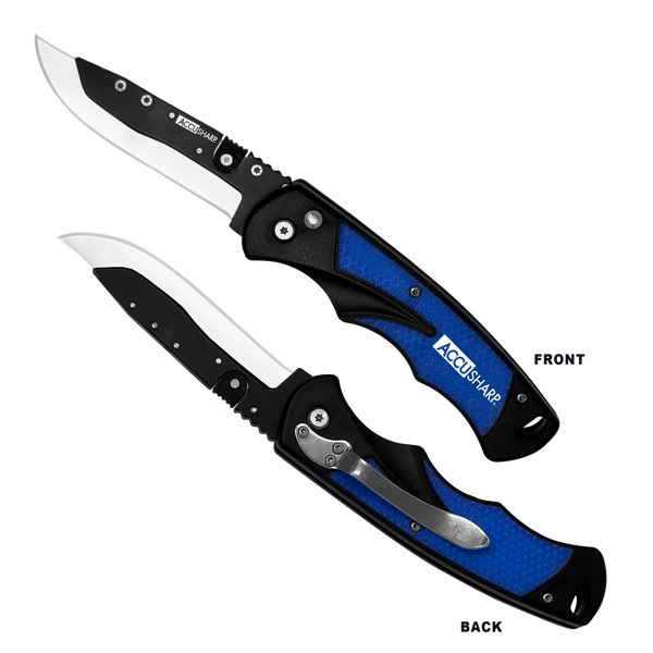 AccuSharp 743C Replaceable Blade Razor  3.50" Folding Plain Stainless Steel Blade/Royal Blue Ergonomic Anti-Slip Anodized Aluminum Handle/Includes 2 Replacement Blades/Belt Clip