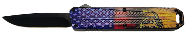 Xcaliber Knife Company  Don't Tread on Me  Medium 3.20" OTF Drop Point Plain Black 440C SS Blade, 4.80" US Flag Aluminum Handle