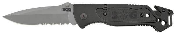 S.O.G SOG-FF24-CP Escape  3.40" Folding Clip Point Part Serrated Bead Blasted 9Cr18MoV SS Blade Black Anodized Aluminum Handle Includes Belt Clip