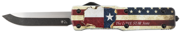 Templar Knife SZTX321 Premium Weighted Texan Small 3" OTF Drop Point Plain Black Oxide Stonewashed D2 Steel Blade, 4.50" Red/White/Blue w/"The LONE STAR State" Aluminum Zinc Alloy Handle
