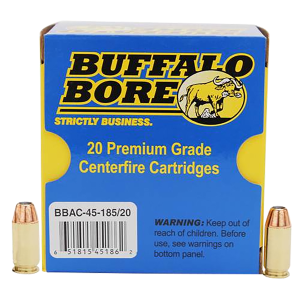 Buffalo Bore Ammunition 4518520 Personal Defense Strictly Business 45ACP +P 185gr Jacket Hollow Point 20 Per Box/12 Case