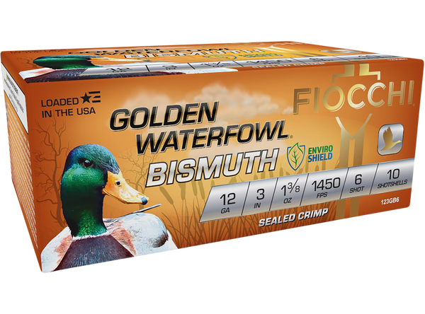 Fiocchi 123GB6 Golden Waterfowl Bismuth 12Gauge 3" 1 3/8oz 6Shot 10 Per Box/10 Case