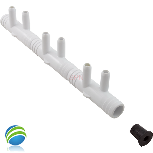 Manifold, 3/8"sb, 6 Port, Flow Thru, 3/4"b x 3/4"b