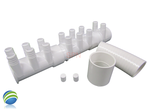 The manifold featured in this kit is Closed on one end the other end receives a 2" Pipe or fitting that would measure 2 3/8" OD..