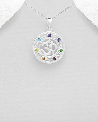 Sterling Silver Celtic, Om Chakra Pendant Decorated with CZ Simulated Diamonds, Plated with Pure Silver Sterling Silver Celtic, Om Chakra Pendant Decorated with CZ Simulated Diamonds, Plated with Pure Silver