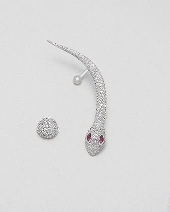 Sterling Silver Mismatched Push-Back Snake Ear Cuff Decorated with CZ Simulated Diamonds, Plated with Rhodium Sterling Silver Mismatched Push-Back Snake Ear Cuff Decorated with CZ Simulated Diamonds, Plated with Rhodium