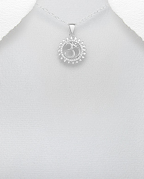 Om Pendant Decorated with CZ Simulated Diamonds, Plated with Rhodium