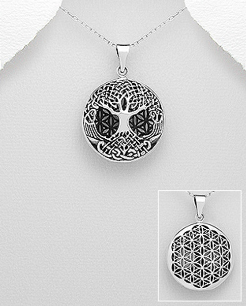 Sterling Silver Oxidized Celtic Tree Of Life And Flower Of Life Pendant