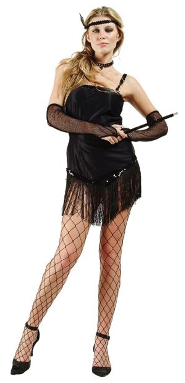 Adult Fringed Satin Sexy Flapper Costume - Black