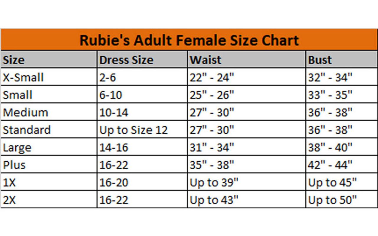 Addams Family Wednesday Adult Costume Size Chart