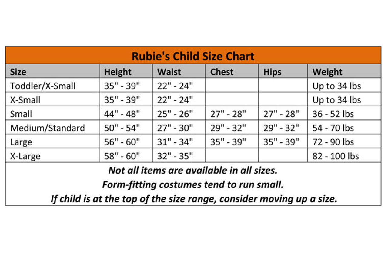 Red Ninja Costume for Kids Size Chart