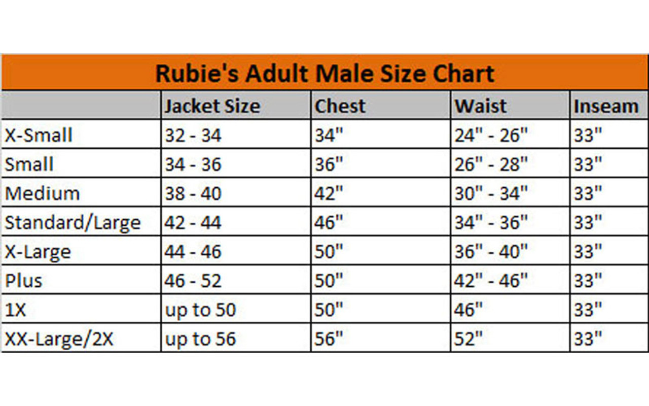 Priest Adult Costume Size Chart