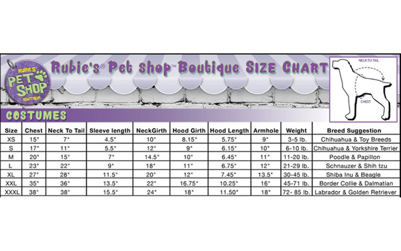 Smurfs Pet Costume Size Chart
