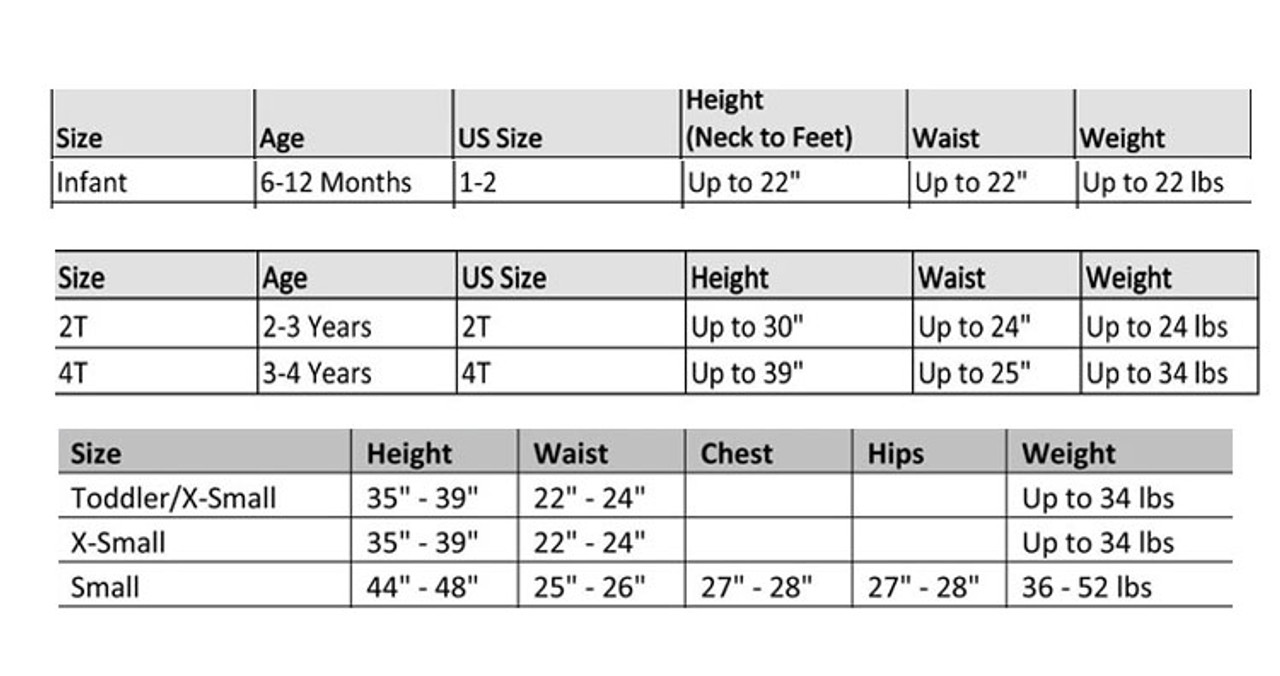 Infant Blue Bird Costume Size Chart