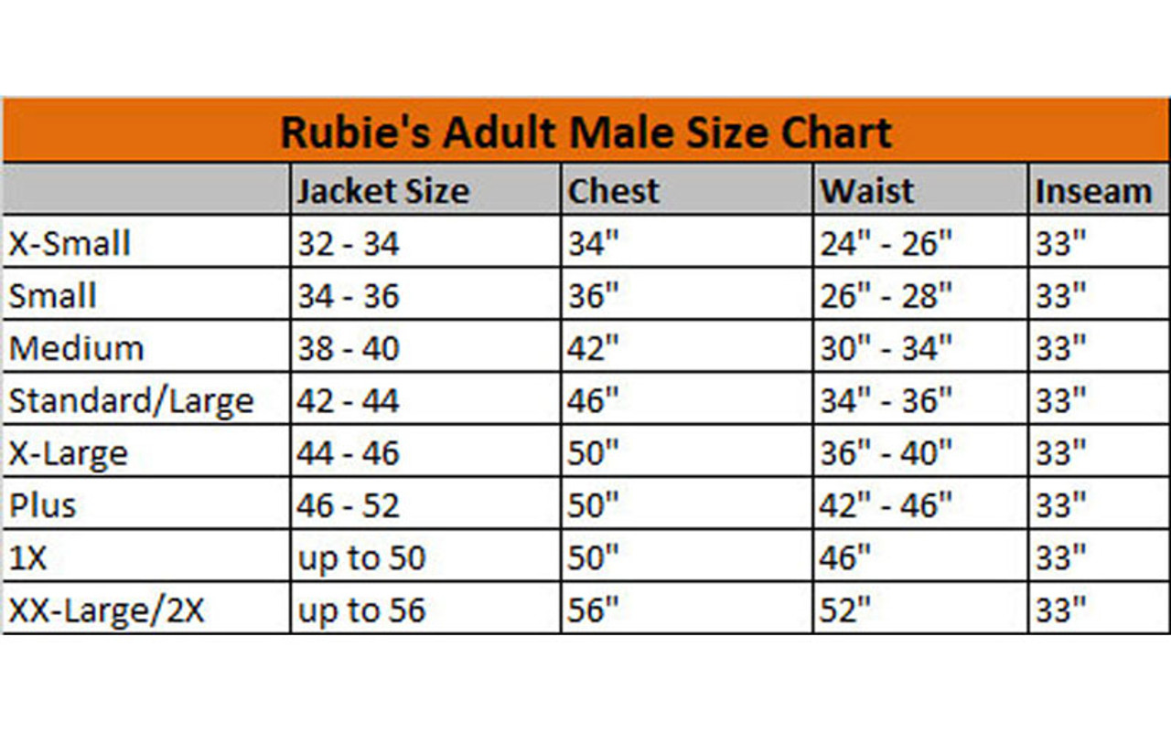 Adult Spots the Clown Costume Size Chart