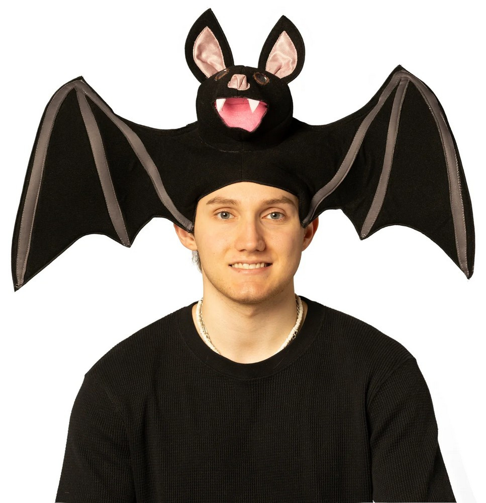 Adult Smiling Black Bat Costume Hat With Wings