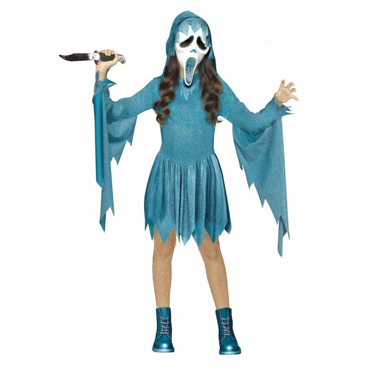 Kids Ghost Face Pastel Teal Hooded Dress Costume