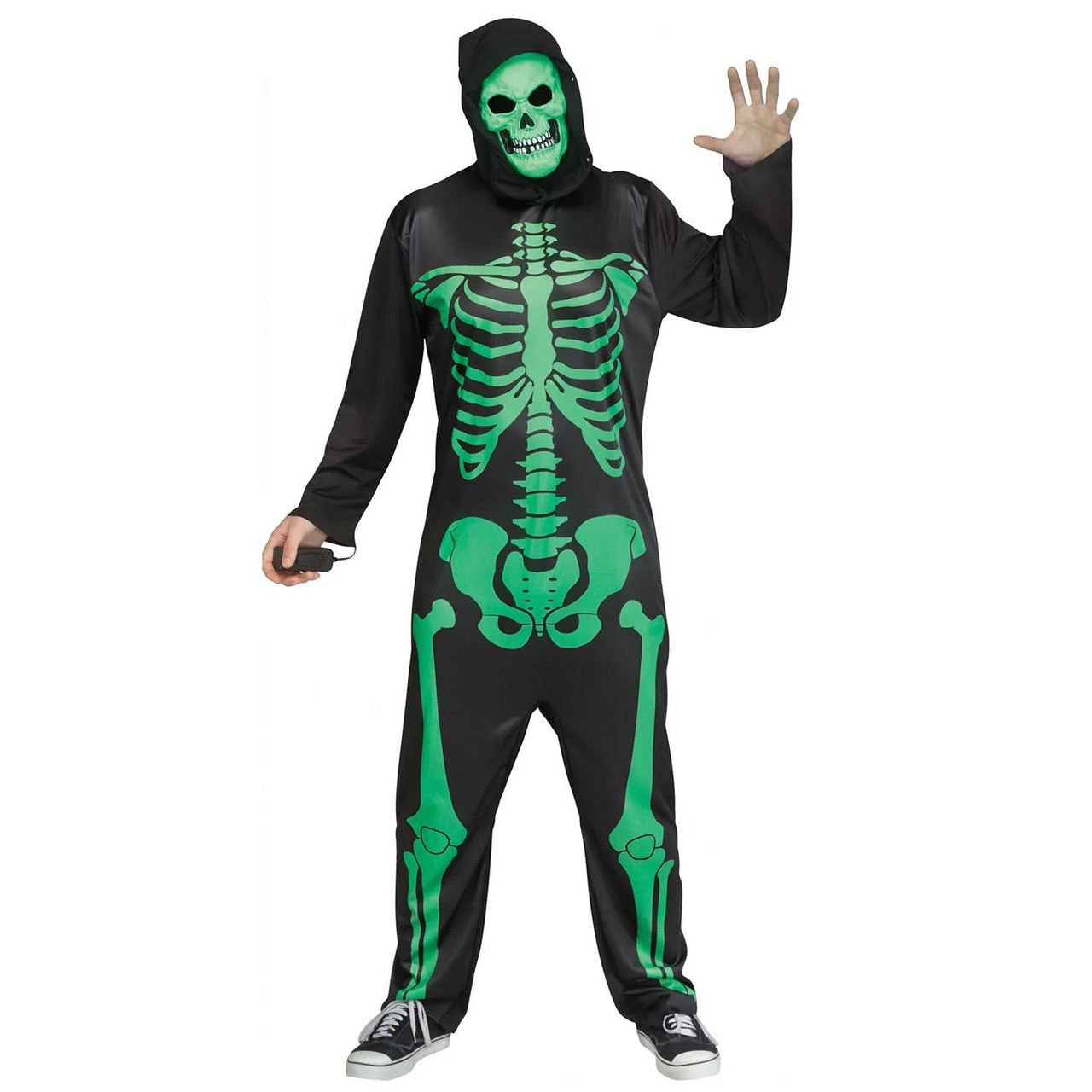 Adult Black Light Neon Skeleton Hooded Jumpsuit Costume - One Size