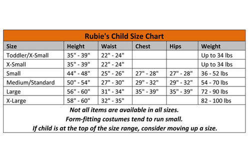 Gold Ninja Boys Costume Size Chart