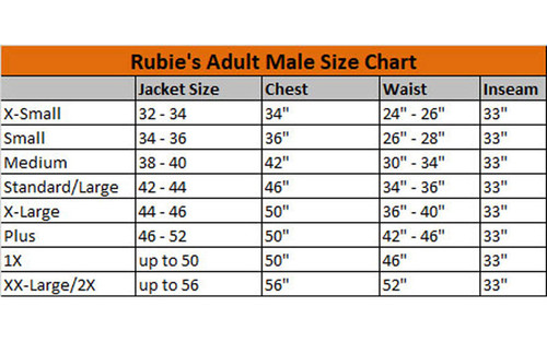 Adult Pennywise Deluxe Costume Size Chart