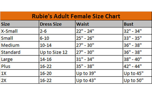 Adult Bird Attack Costume Size Chart
