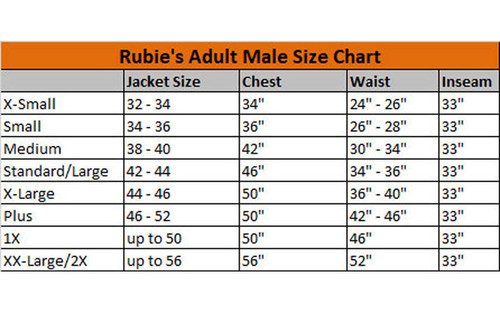 Adult Spots the Clown Costume Size Chart