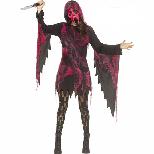 Adult Ghost Face Mask & Pink Gauze Hooded Dress Costume